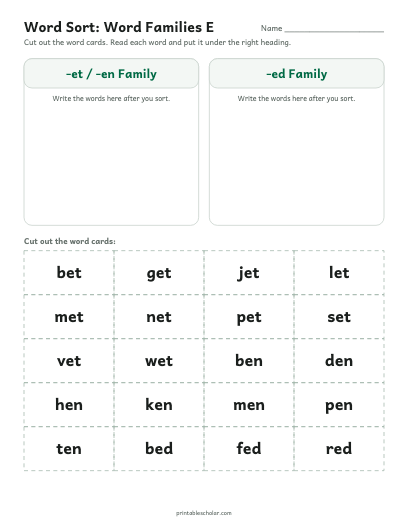 Word Families E word sort printable preview