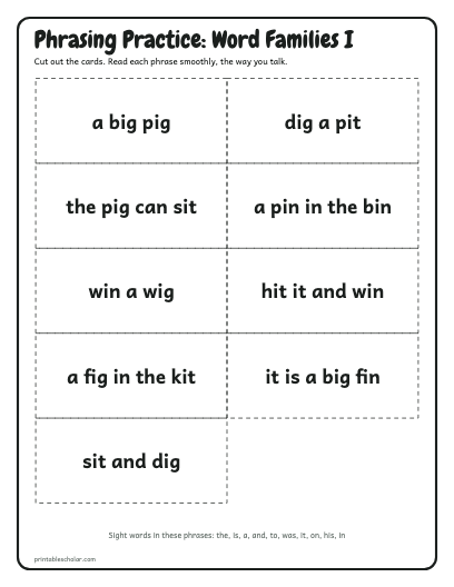 Word Families I phrasing cards printable preview
