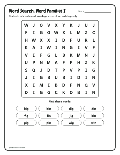 Word Families I word search printable preview