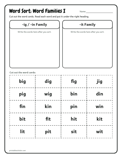 Word Families I word sort printable preview