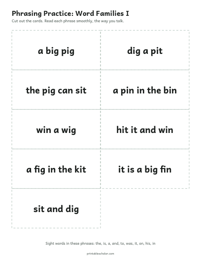Word Families I phrasing cards printable preview