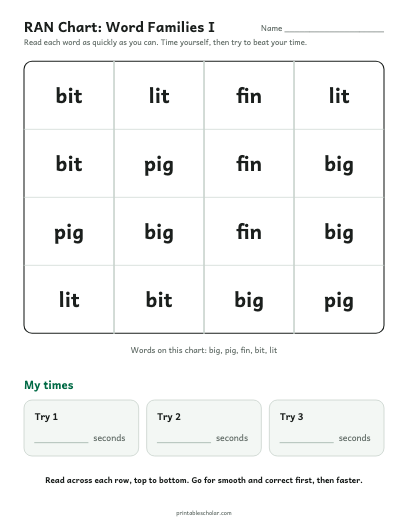Word Families I ran chart printable preview
