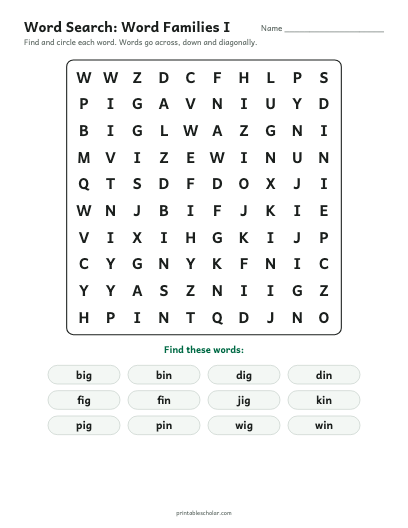 Word Families I word search printable preview