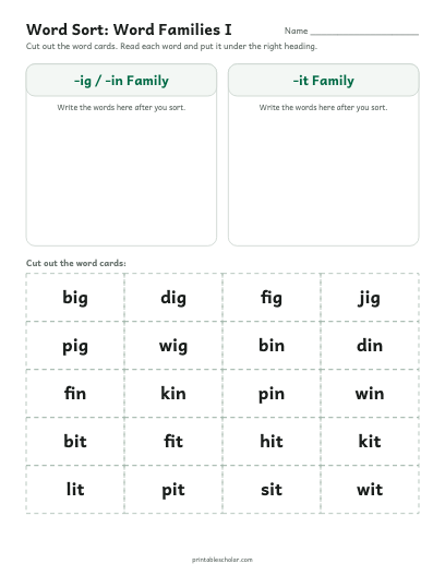 Word Families I word sort printable preview