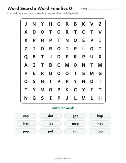 Word Families O word search printable preview