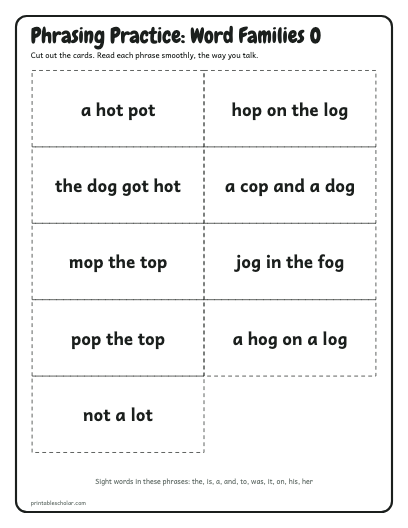 Word Families O phrasing cards printable preview