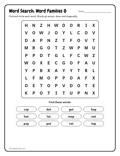 Word Families O word search printable preview
