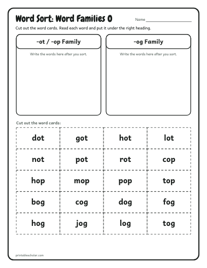 Word Families O word sort printable preview