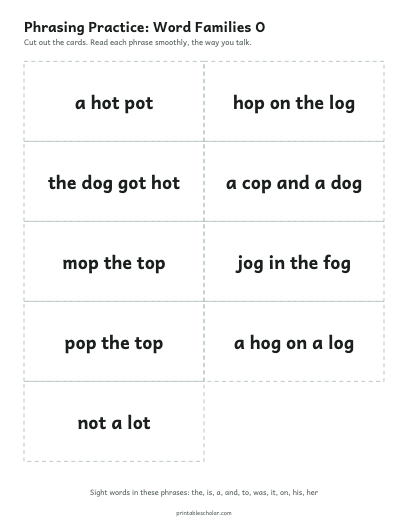 Word Families O phrasing cards printable preview