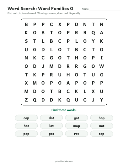 Word Families O word search printable preview