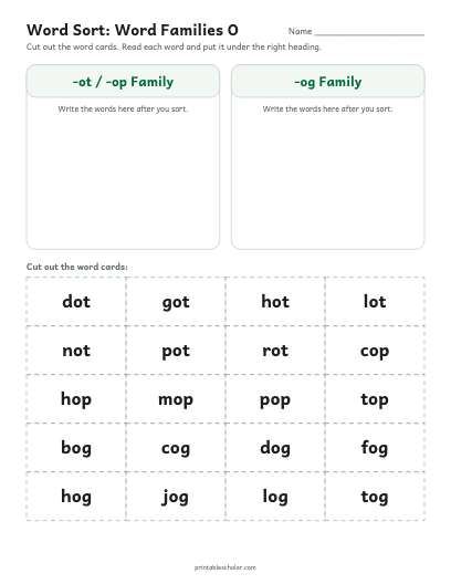 Word Families O word sort printable preview