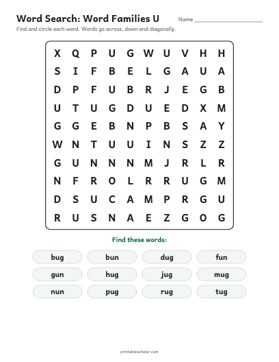 Word Families U word search printable preview