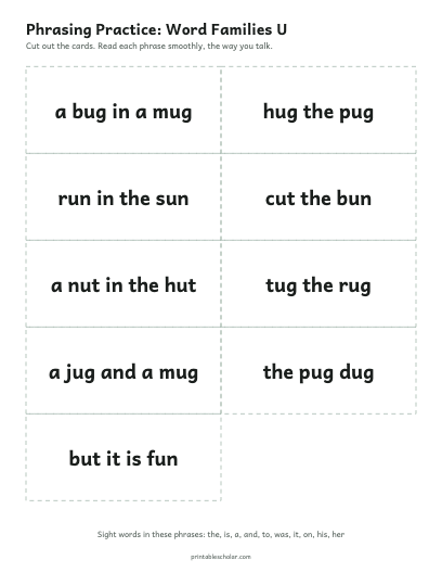 Word Families U phrasing cards printable preview