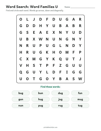 Word Families U word search printable preview