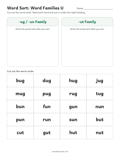 Word Families U word sort printable preview