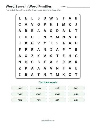 Word Families word search printable preview