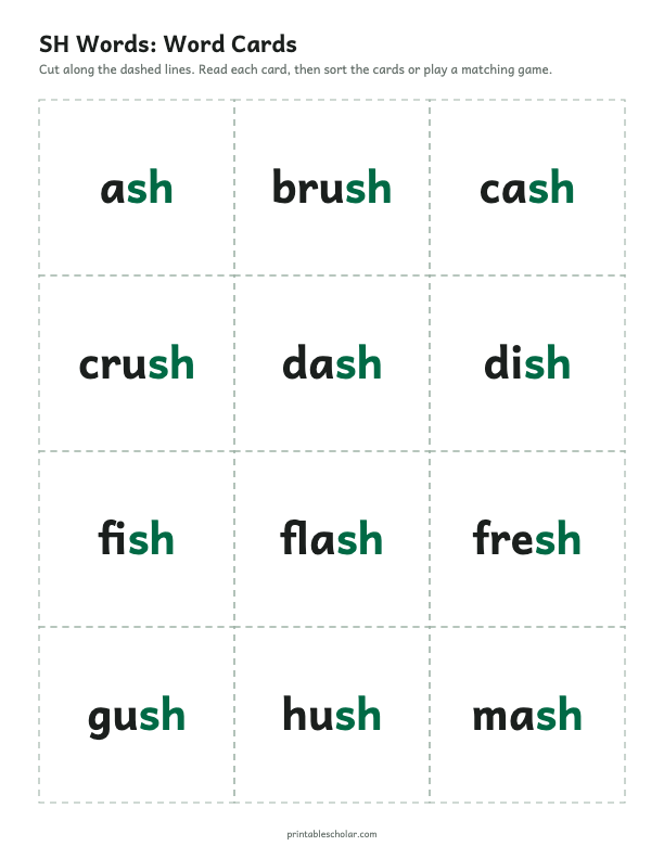 Digraph SH sh word cards printable preview