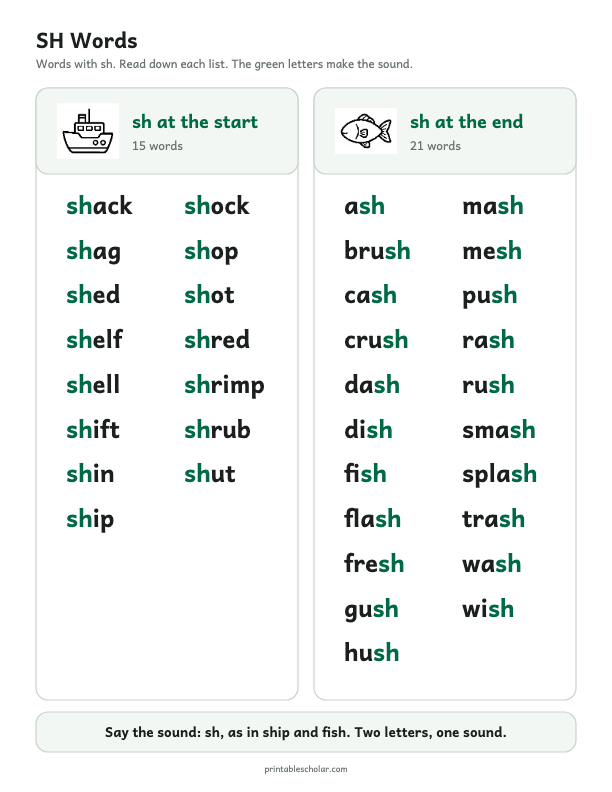 Digraph SH sh words list printable preview