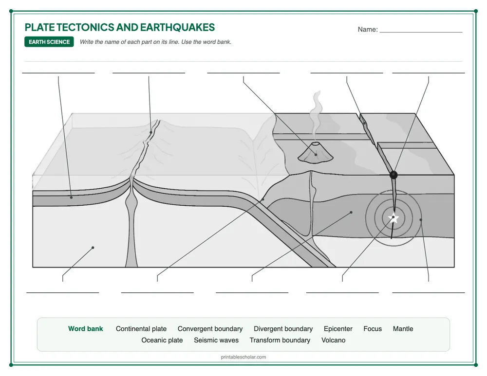 Blank plate tectonics and earthquakes diagram to label, with a word bank