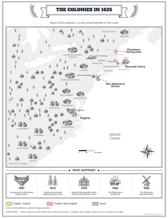 Map of the colonies in 1625
