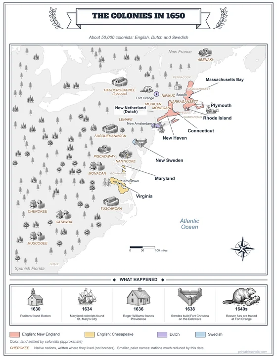 Map of the colonies in 1650