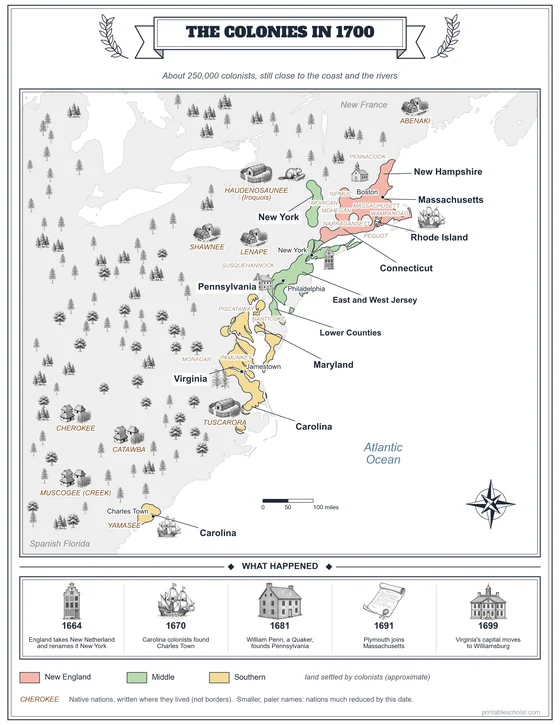 Map of the colonies in 1700