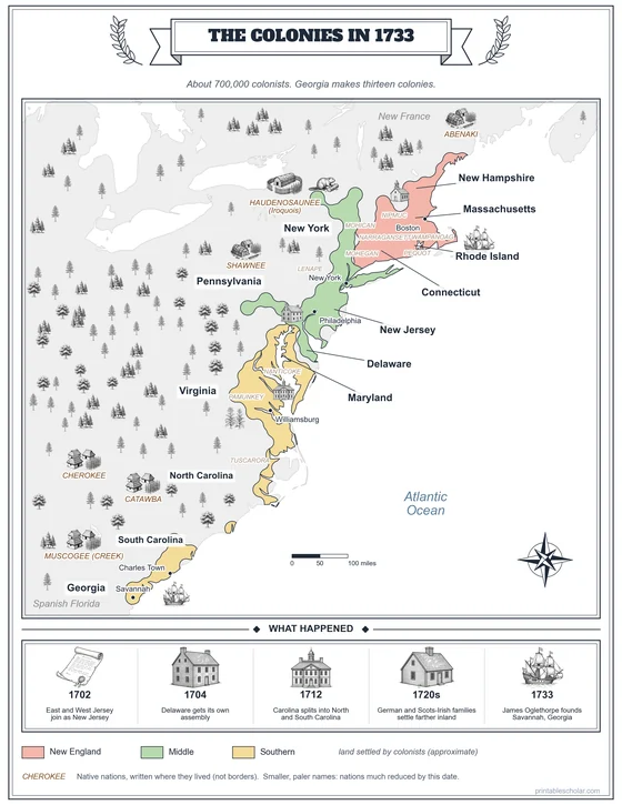 Map of the colonies in 1733