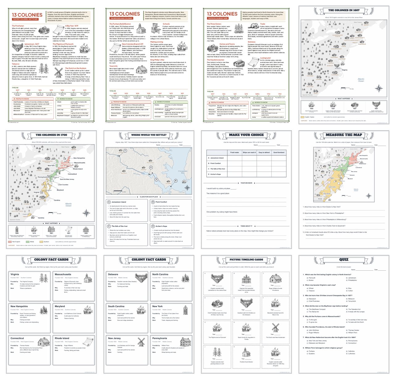 Twelve pages from the 13 Colonies Teaching Pack: history pages, colony maps, Where Would You Settle?, Measure the Map, colony fact cards, timeline cards and the quiz