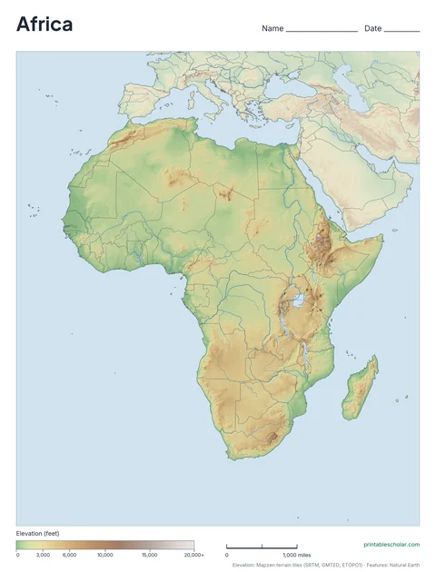 Africa physical map, blank, for labeling practice