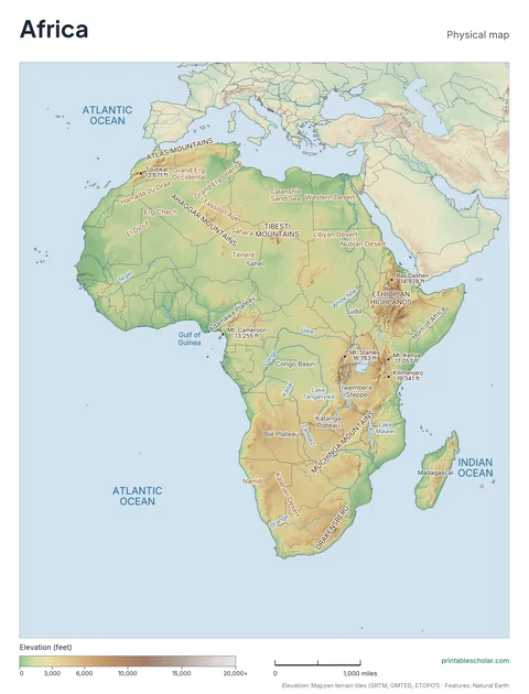 Africa physical map, labeled