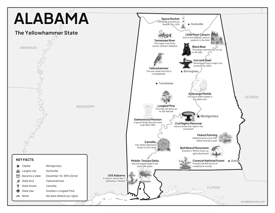 Black and white illustrated map of Alabama
