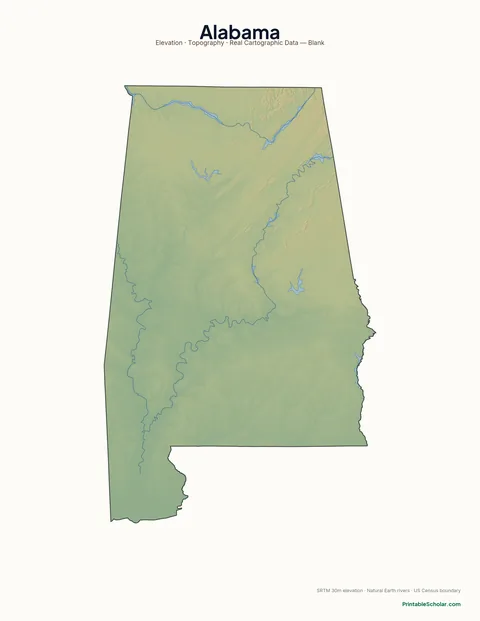 Alabama blank physical map — same topographic relief, no labels, for label-it-yourself geography exercises