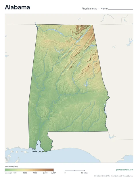 Alabama blank physical map: the same terrain with no labels, for labeling practice