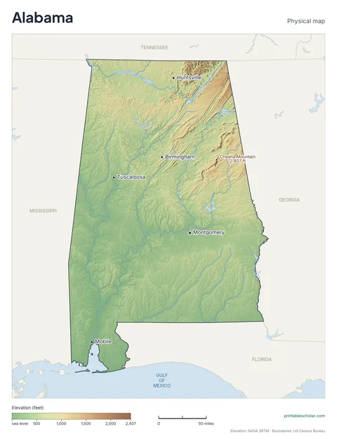 Alabama physical map, labeled: the Cumberland Plateau in the north, the Coastal Plain in the south, and the Black Belt prairie, with the capital, cities and highest point marked