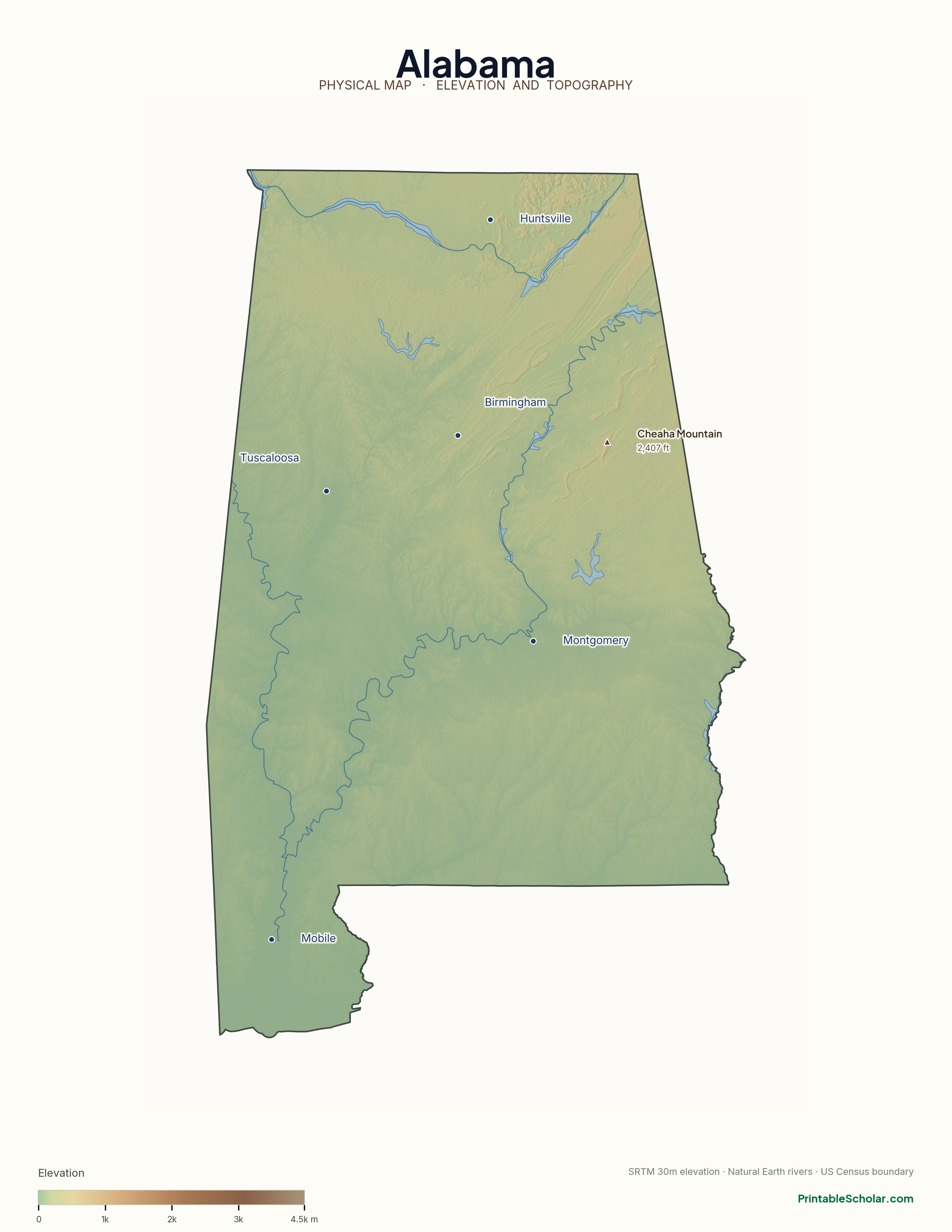 Alabama physical map with labeled peaks, cities, and rivers
