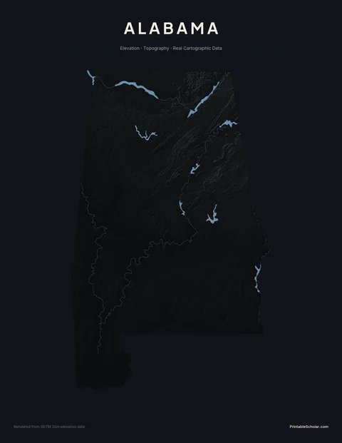 Alabama topographic relief poster — high-contrast monochrome rendering of the Cumberland Plateau in the north, the Coastal Plain in the south, and the Black Belt prairie