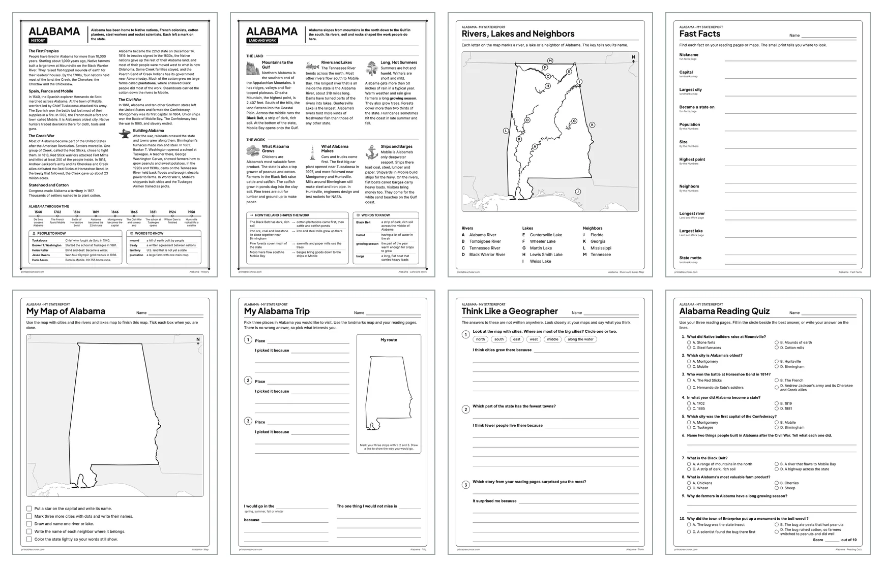 Eight pages from the Alabama State Report Kit: History, Land and Work, the rivers and lakes map, Fast Facts, My Map, My Trip, Think Like a Geographer and the reading quiz