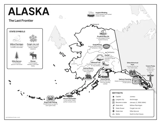 Black and white illustrated map of Alaska