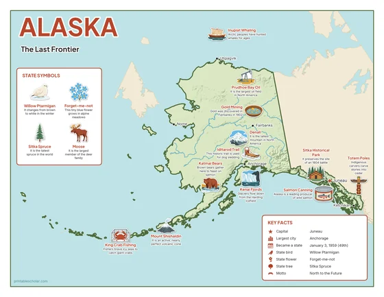 Illustrated map of Alaska in color