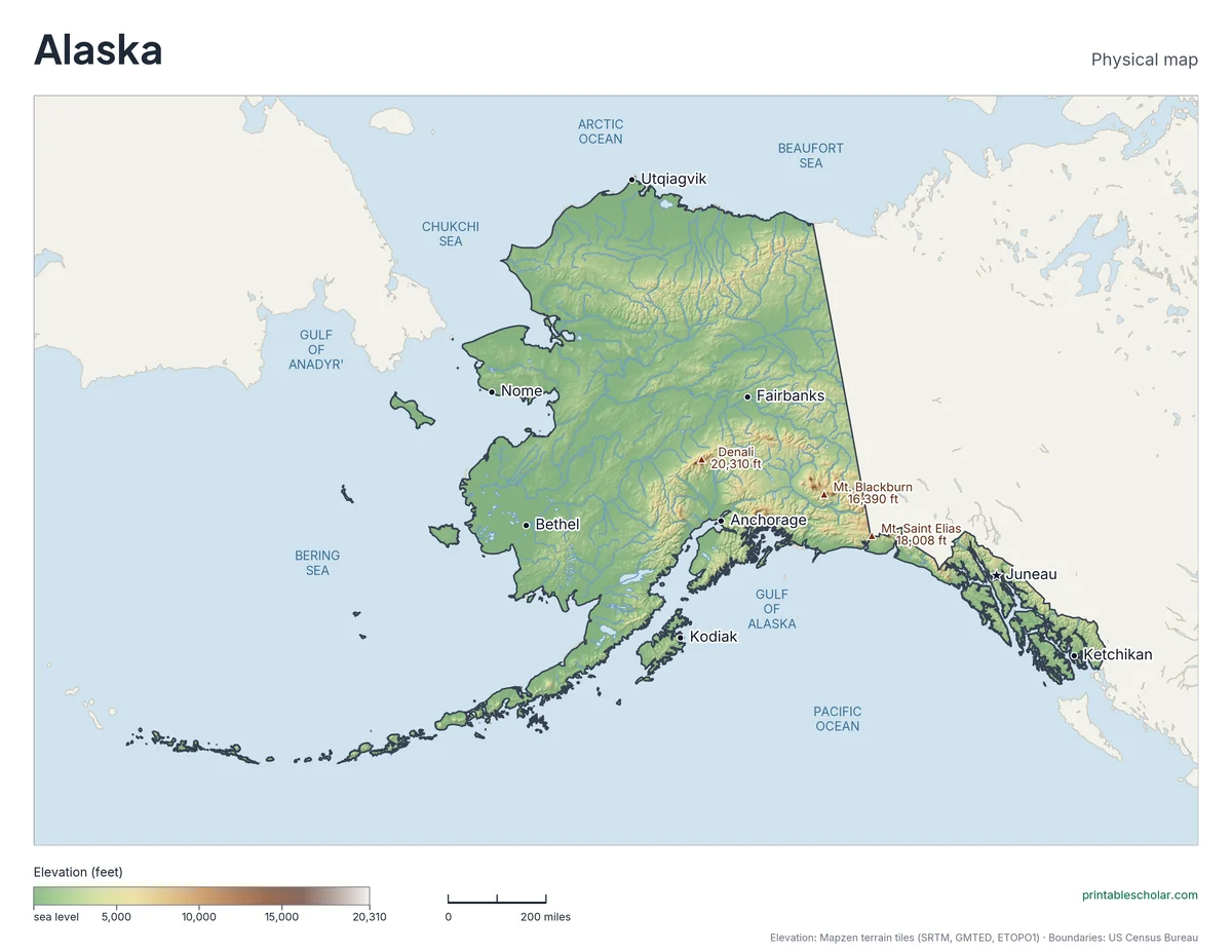 Labelled Atla Map Free Printable Physical Map of Alaska (PDF)