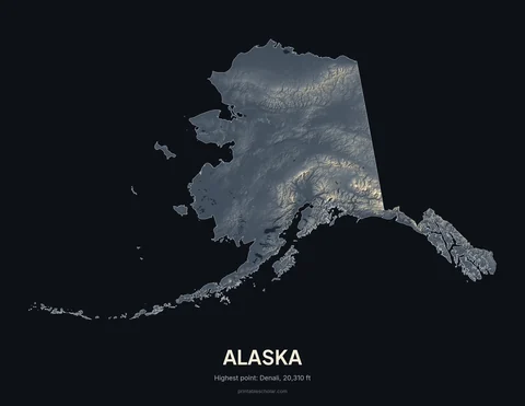 Alaska relief wall art on a dark background