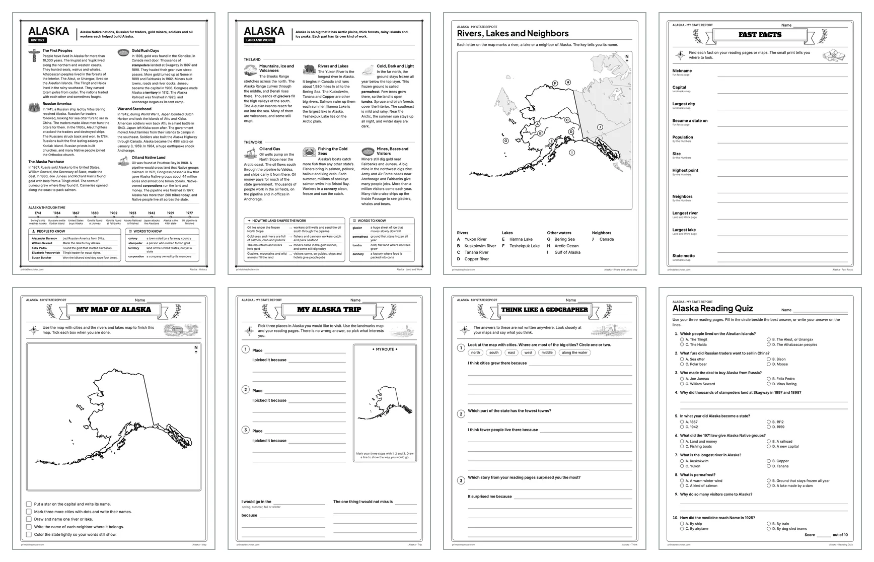 Eight pages from the Alaska State Report Kit: History, Land and Work, the rivers and lakes map, Fast Facts, My Map, My Trip, Think Like a Geographer and the reading quiz