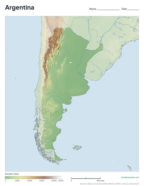 Argentina physical map, blank, for labeling practice
