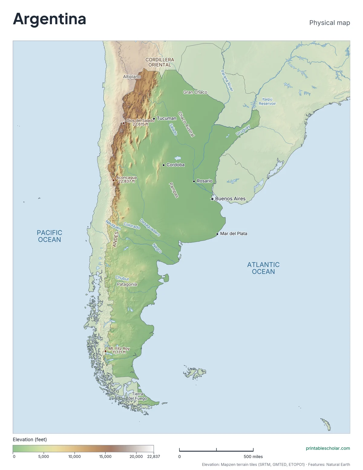 Physical map of Argentina with mountain ranges, deserts, rivers and highest peaks labeled