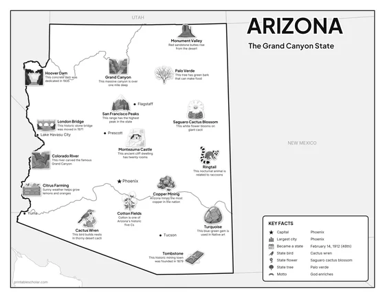 Black and white illustrated map of Arizona