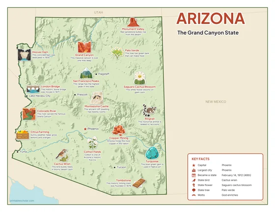 Illustrated map of Arizona in color