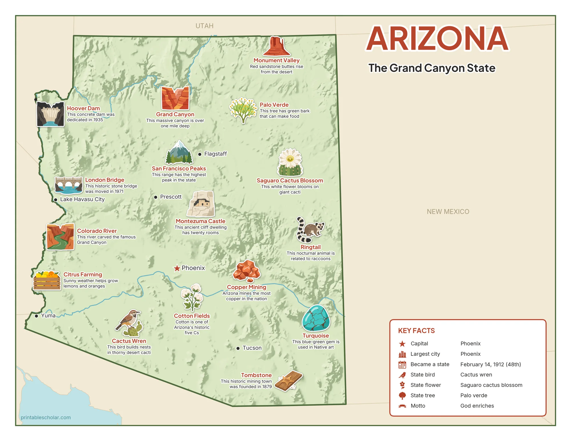Illustrated map of Arizona with landmarks, industries and state symbols