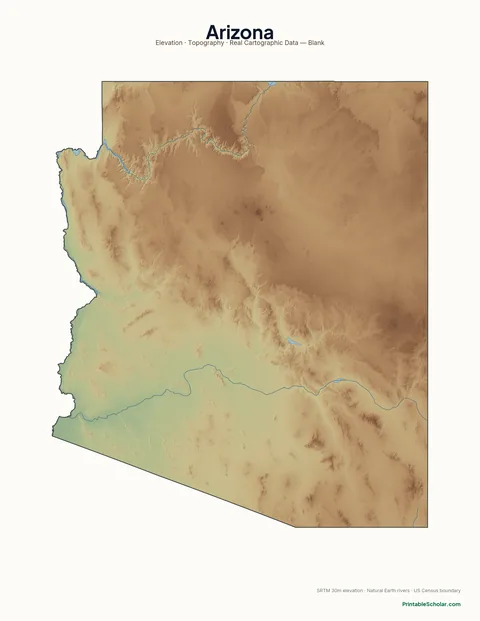 Arizona blank physical map — same topographic relief, no labels, for label-it-yourself geography exercises