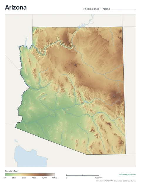 Arizona blank physical map: the same terrain with no labels, for labeling practice