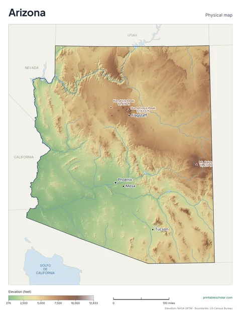 Arizona physical map, labeled: the Grand Canyon, the Colorado Plateau, the Sonoran Desert, and the Mogollon Rim, with the capital, cities and highest point marked